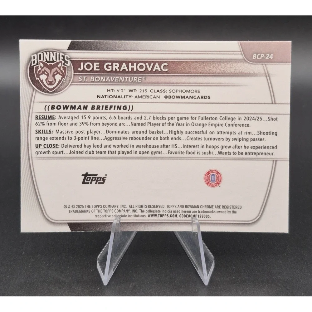 2025 Bowman Joe Grahovac BCP-24 1st Bowman Pink Mojo Refractor /199 Bonnies